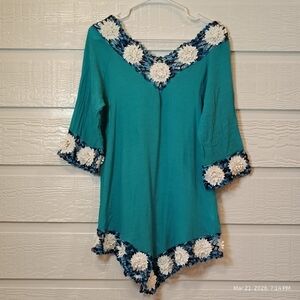 Women's M? Teal Gauzee Swim Tunic Boho Appliqué Cruise Wear Pool Beach Crochet